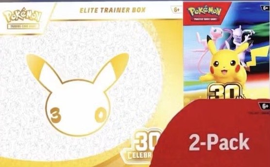 Pokémon 30th Celebration Elite Trainer Box packaging, white and gold with a Pikachu silhouette, shown with a 2-pack of 30th Celebration booster packs featuring Pikachu, Mew and Mewtwo.